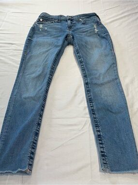 True Religion Distressed Mid Wash Ankle Cropped Low Rise Jeans